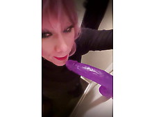 Sexy Pink Haired Trap Throats Big Purple Dildo