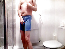 Wank Into Condom In Blue Pants