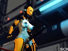 Sci-Fi Bdsm Cuffed And Fucked.  A Sexy Young Hottie And Shemale Android In The Lab