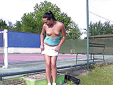 Before Her Tennis Lesson She Sheds Her Panties And Fingers Courtside