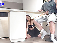 I Hid Under The Table And Wanted To Scare Stepbrother But He Start Jerk Off! I Help Him Cum.  Its Ok?