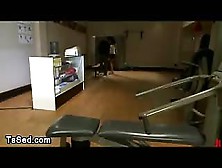 Brunette Tranny Sucks Dick And Gives Footjob In Gym