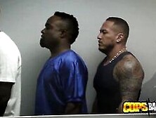 Threesome At The Detention Room Gets Too Hot After Cops Take Out The Massive Cock Of The Black Guy.