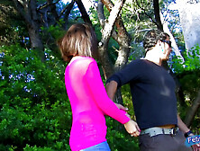 Beautiful brunette hair gets her taut butthole banged hard in the forest