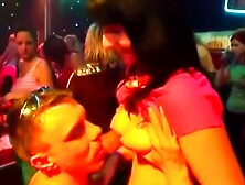Male strippers feel audience girl's tits, & finger