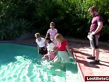 Four Girls Are In The Pool Sucking And Riding On One Lucky Cock