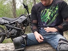 Muscular Biker Jerks Off On His Motorcycle In The Woods And Cums In Public