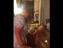 Cute step mom in bra and panties popping balloons with cigarettes,  gets her horny and twat soaked