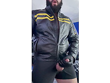Bearded Guy In Leather Jacket Fucks His Leather Glove