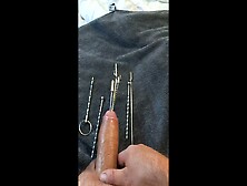 Extreme Urethral Sounding + Cum.  Hard Oiled Cock Stuffed Full.  Multiple Objects And Sounds In Cock.