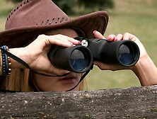 Horny rancher rides a beautiful brunette in a field