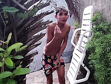 Stepmother seduces her STUDENT with her huge ass.  Little virgin jerk-off brother is spying on that public sex with 2 STUDENTS (s