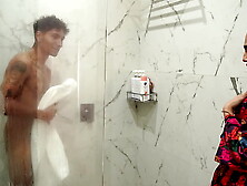 Giant-assed stepmom ends up fucking her petite stepson after spying on him in the shower