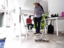 Dumd mother i'd like to fuck gets a job as a pool attendant,  boss finds her large breasts; screws her vagina until that babe squ