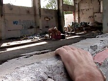 2 Concupiscent Euro Lesbian babes Get Butt Fucjed By 2 Chaps In Abandoned Building