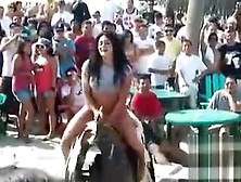 Chubby Hoochie Rides An Electronic Bull In Her G-Strings