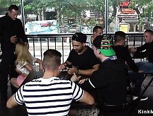 Big tits blonde takes dp in public bar