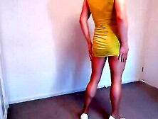 Crossdresser Oz In Shiny Nude Pantyhose And Tight Mini Dress