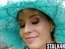 Blonde girl Lucky Bee's pink pussy cleaning in front of partner