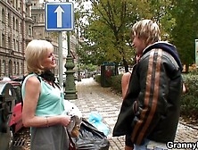 Guy hooks up 70 years old golden-haired for riding