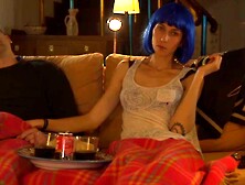 Blue-Haired Bitch With Shaggy Snatch Seduces Inked Guy To Sex During Film Watching