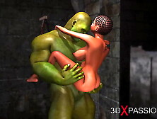 3dxpassion. com.  Young horny anal sex slave gets fucked by big green monster in dungeon