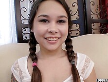 Pigtailed youngster Kira Sinn eagerly taking spunk sperm shot