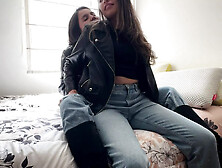 Two Slutty Lesbians Fuck In Leather Jackets And Boots.