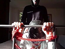 Tied in a daybed I've all my holes roughly drilled by a large dong front view PREVIEW