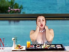 Regina Noir. Melons teasing at swimming pool. Nudist hotel. Nudism outdoors.