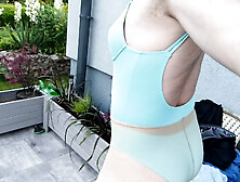 Sissy Wearing Blue One Piece Swimsuit And Tights