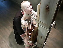 Bald Tattooed Bitch Forced Sucking Dildo When Bound To The Pole And Flogged