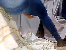 Sillicone doll Fortuna in slim taut jeans on a specific stand with widen leg. Jizz flow and creampie