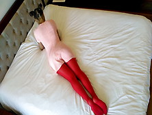 Red Shiny Pantyhose And Mini Dress Bed Pleasure