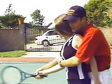 Lusty brunette gets horny after a tennis match and fucks a stud on the court