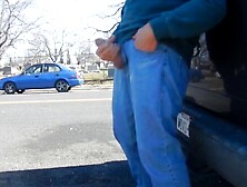 Hefty-Knob Dad Jerking Outdoors