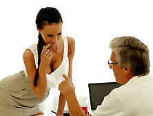 Old Boss Nails Black-Haired Secretary Right On Office Table