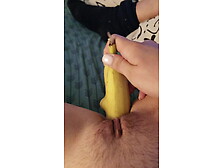 Defiled her cock hole with a banana while her assholes plugg