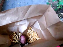 Outdoors double hand job into the fries bag...  I'm jerkin'it!