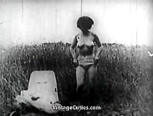 Big Titted Brunette Bimbo Poses Naked Outdoors In A Hot Vintage Porno