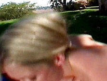 Superb blonde teen Jamie Brooks getss her shaved twat destroyed on a picnik