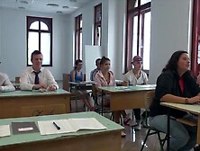 College students bang their professor in class in front of colleagues