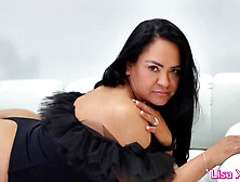 Latina cougar Lisa X Lopez tries on sheer bondage suit and high heels