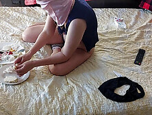 Horny wife enjoys breakfast in bed with her furry poon and thick tits