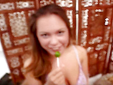 Cute Blonde Sucking 2 Lollipops And Gets Cum On Face