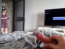 Step-sister came into my room, I'm jerking off a jock, this babe noticed it and craves to watch how I cumhot