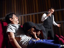 Curly-haired ebony with big tits gets fucked in the cinema - public interracial