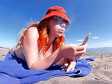 Redhead Ginger MILF Smoking Iqos Cigarette in Swimsuit on the Beach