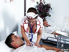 Two Patients With Throbbing Cocks Double Team Sexy,  Brunette Nurse Wit Big Jugs In White Garter And Stockings.