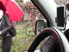 Beauty Goddess With Red Umbrella Got Inside The Vehicle To Gotten Super